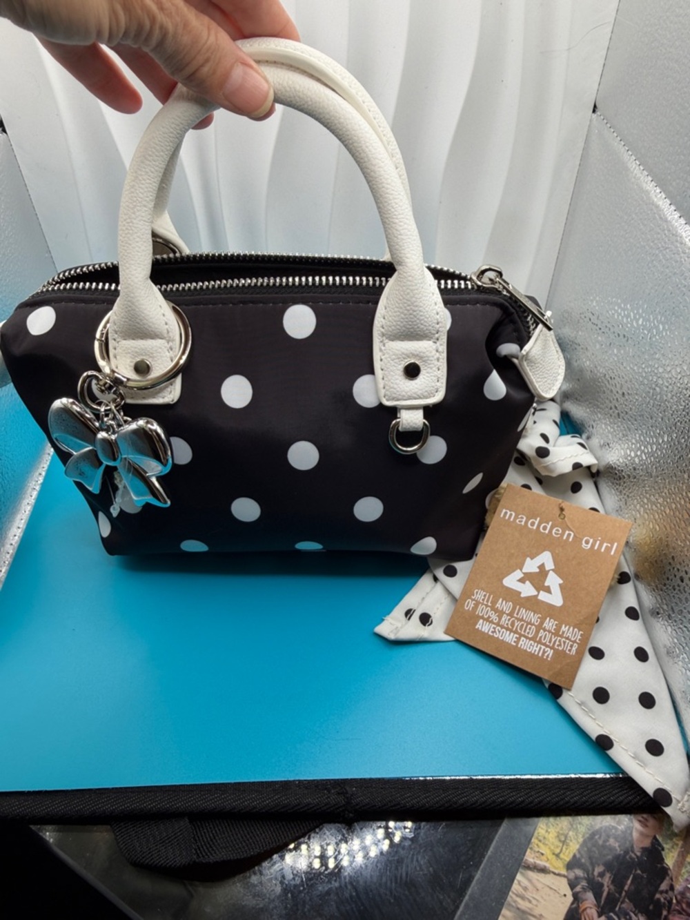 Madden Girl Polka Dot Mini Tote Bag in Black and White - Picture 6 of 7
